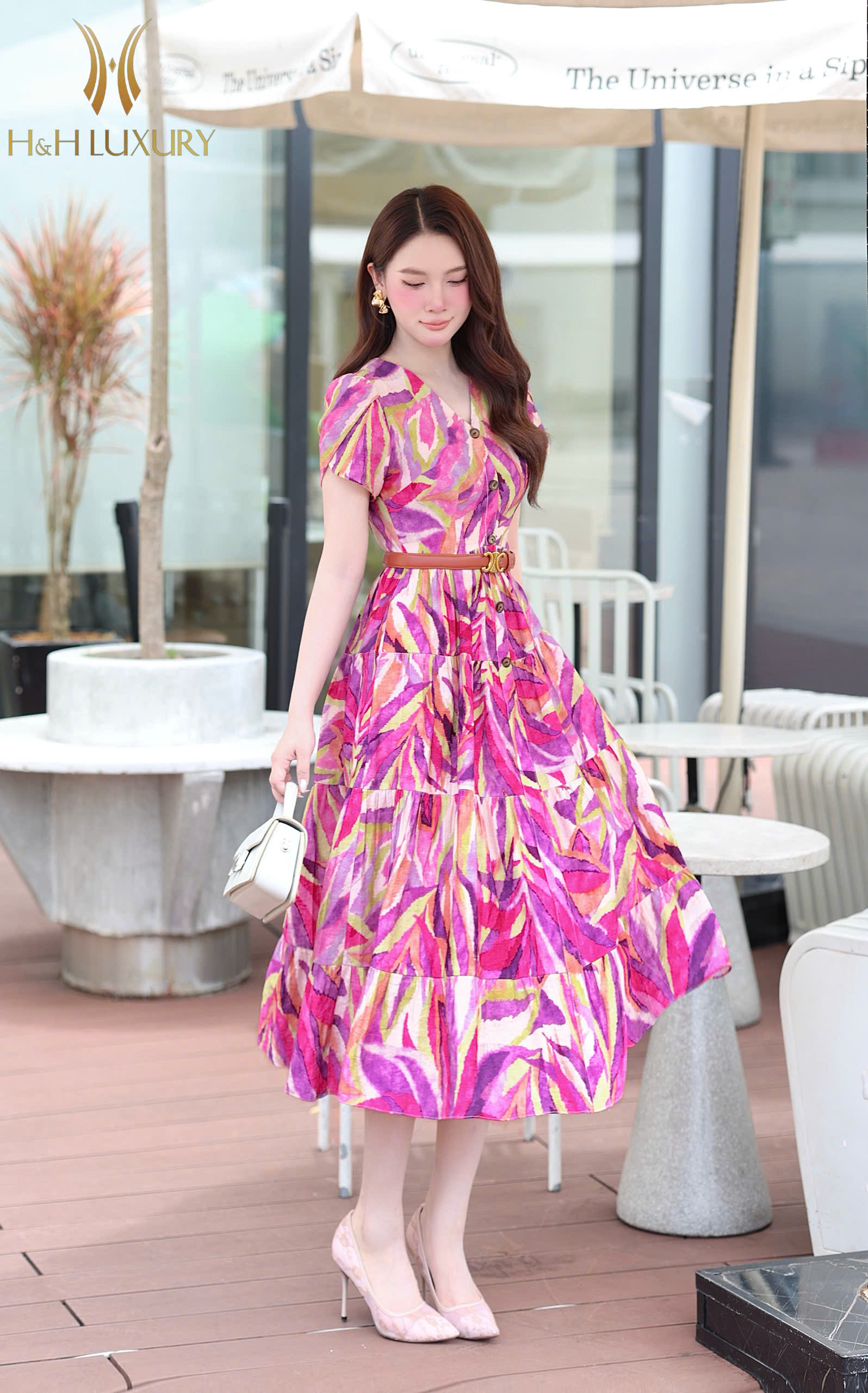 ĐẦM XÒE LINEN HỒNG CỔ V