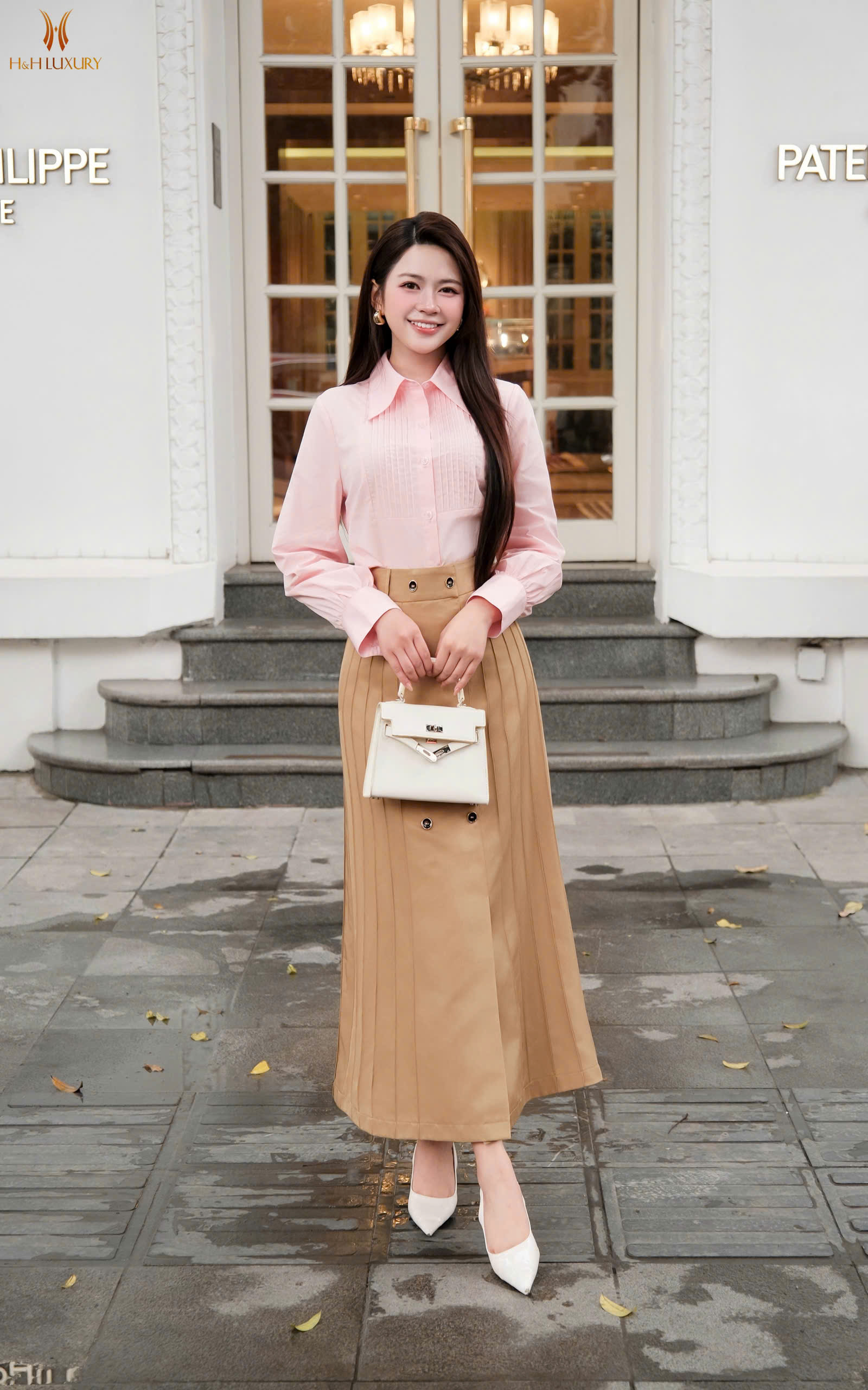 CHÂN VÁY KAKI NÂU BÒ MÍ THÂN ĐÍNH CÚC