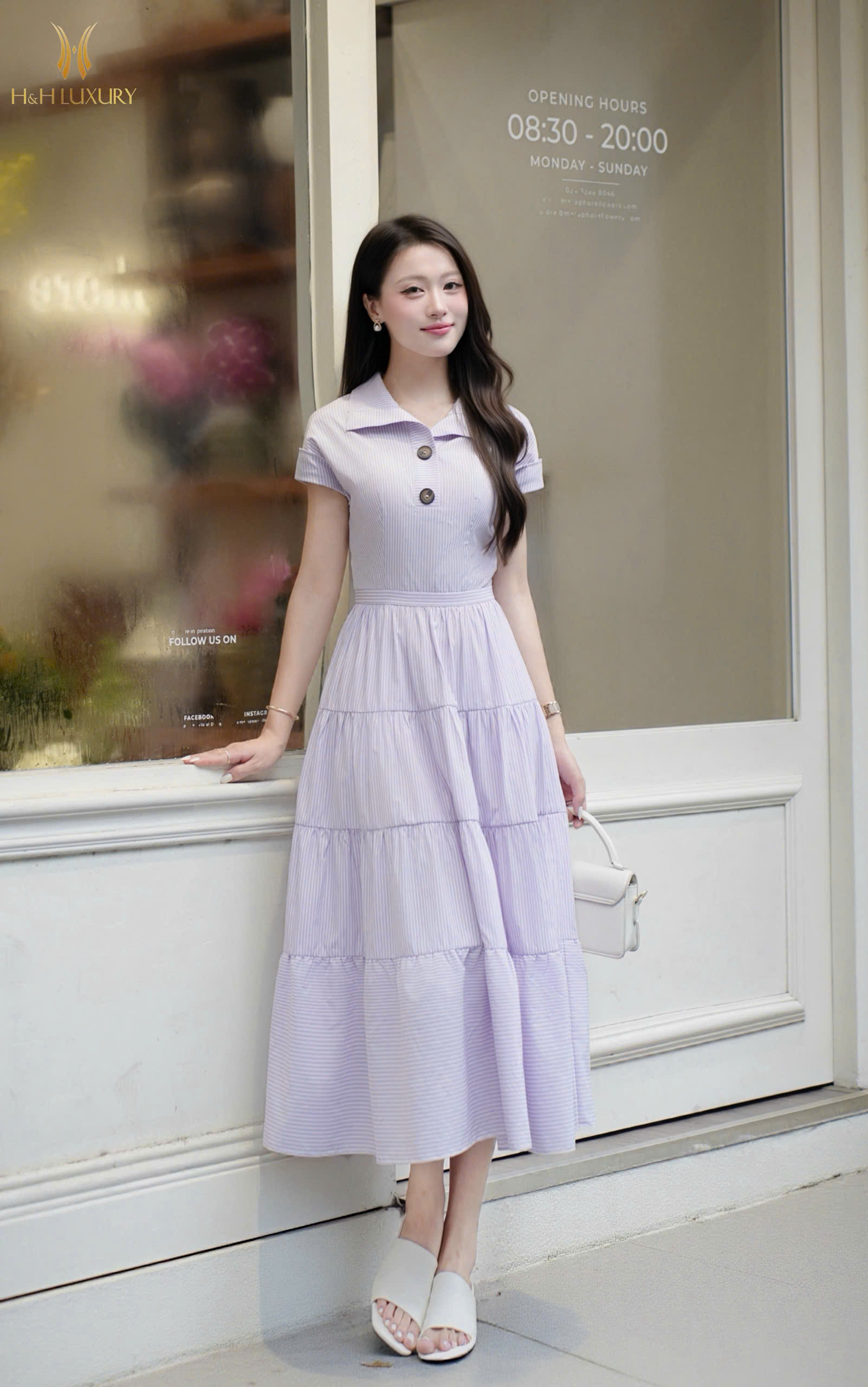 ĐẦM KẺ TÍM LAVENDER ĐÍNH CÚC