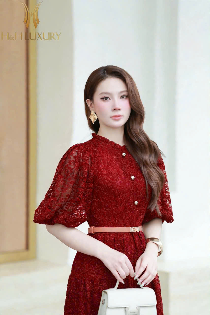 ĐẦM REN XÒE LÁ NHO ĐỎ ĐÔ