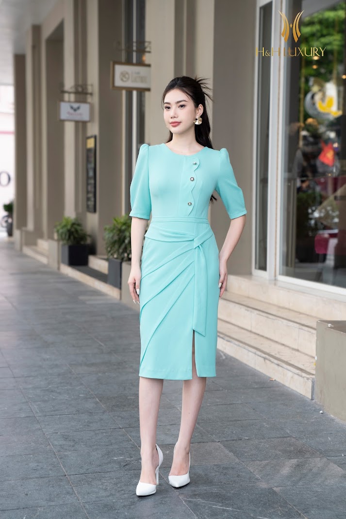 Đầm dạ hội maxi lụa vân gấm màu xanh ngọc - D603