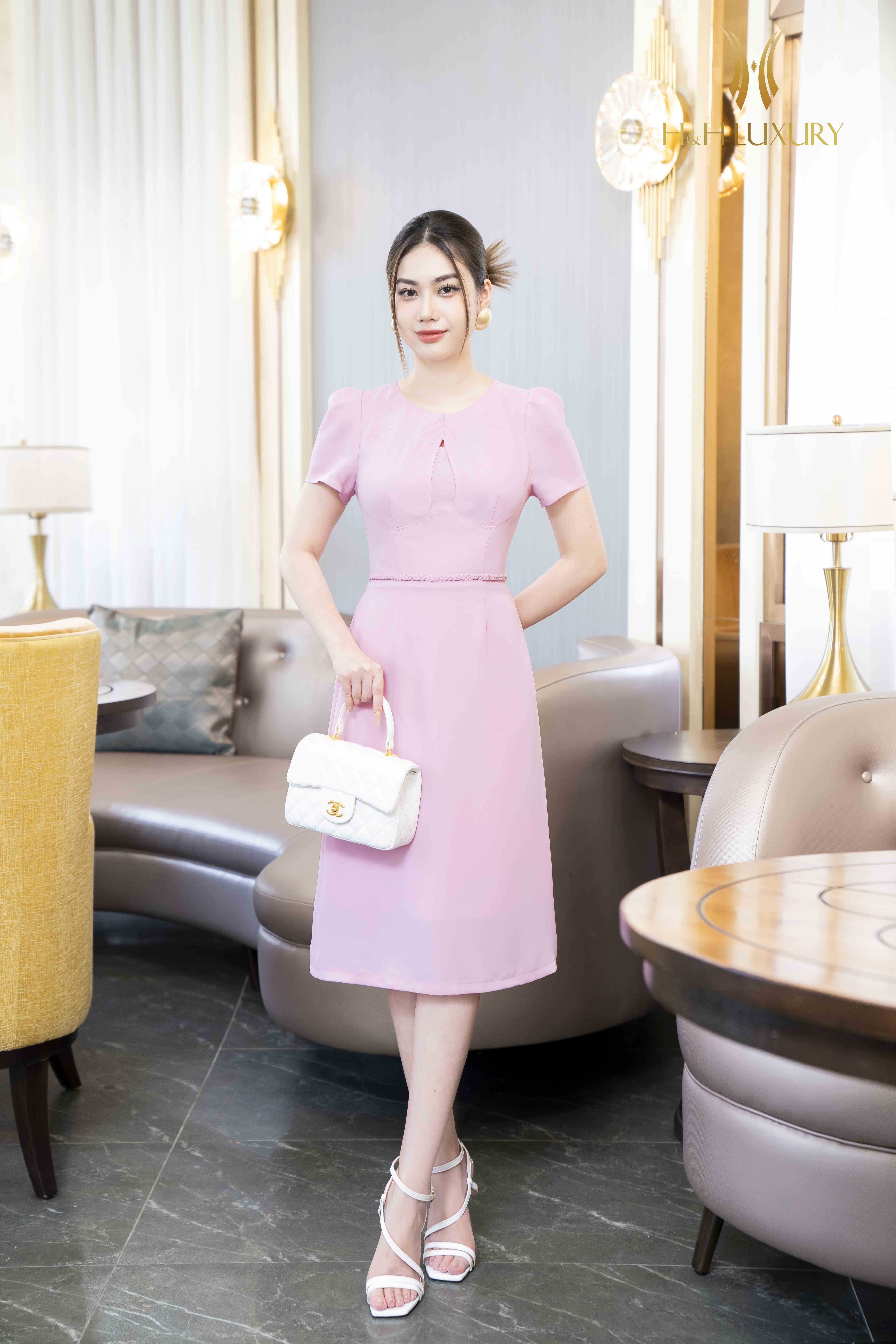 Đầm chéo Hàn ôm A hồng pastel tết eo