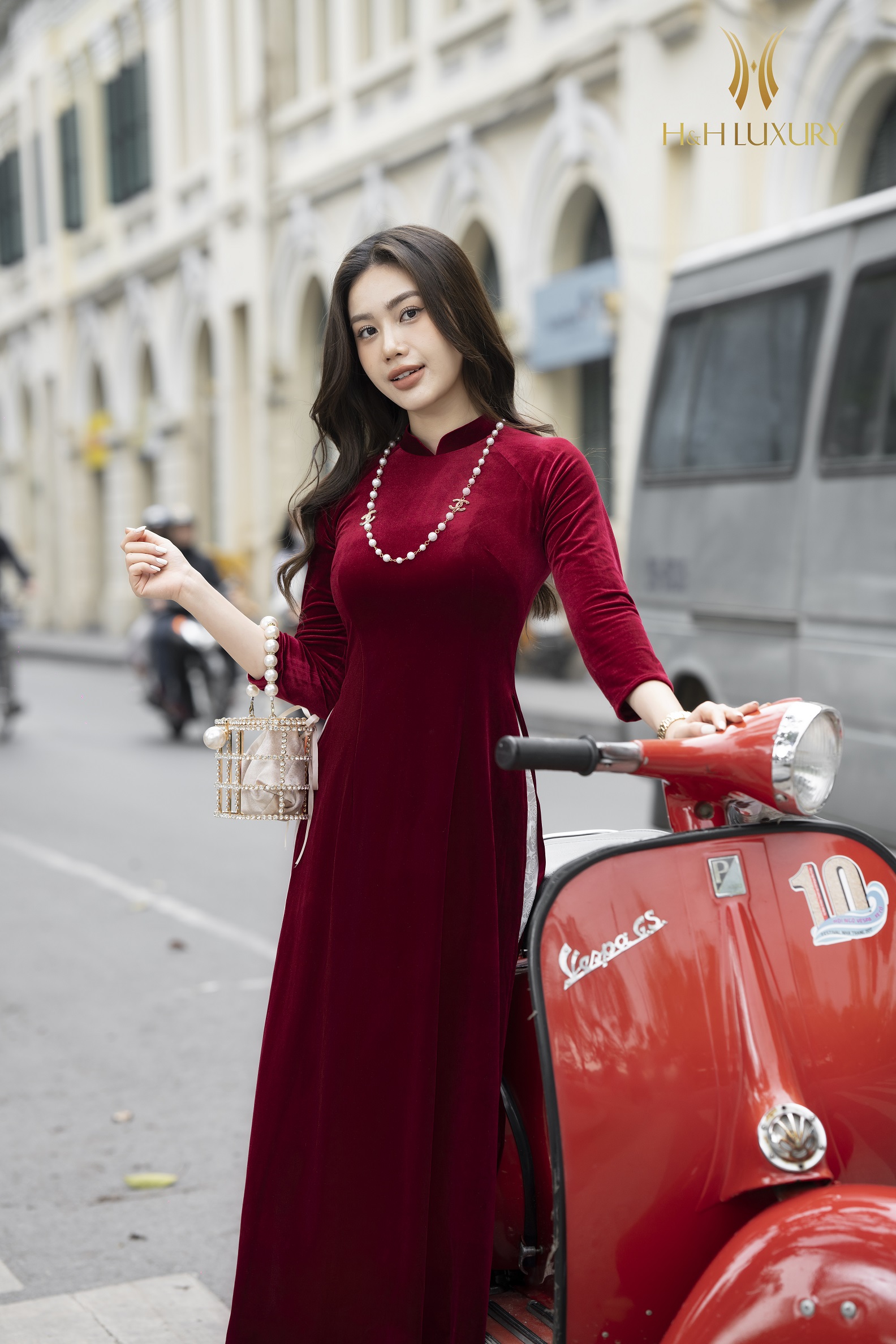 ÁO DÀI NHUNG RUBY ĐỎ VANG