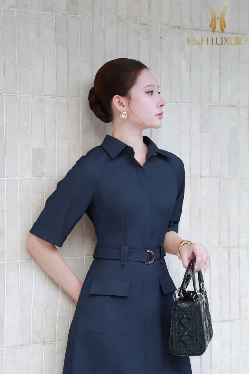ĐẦM KAKI LỤA XANH THAN ĐAI EO