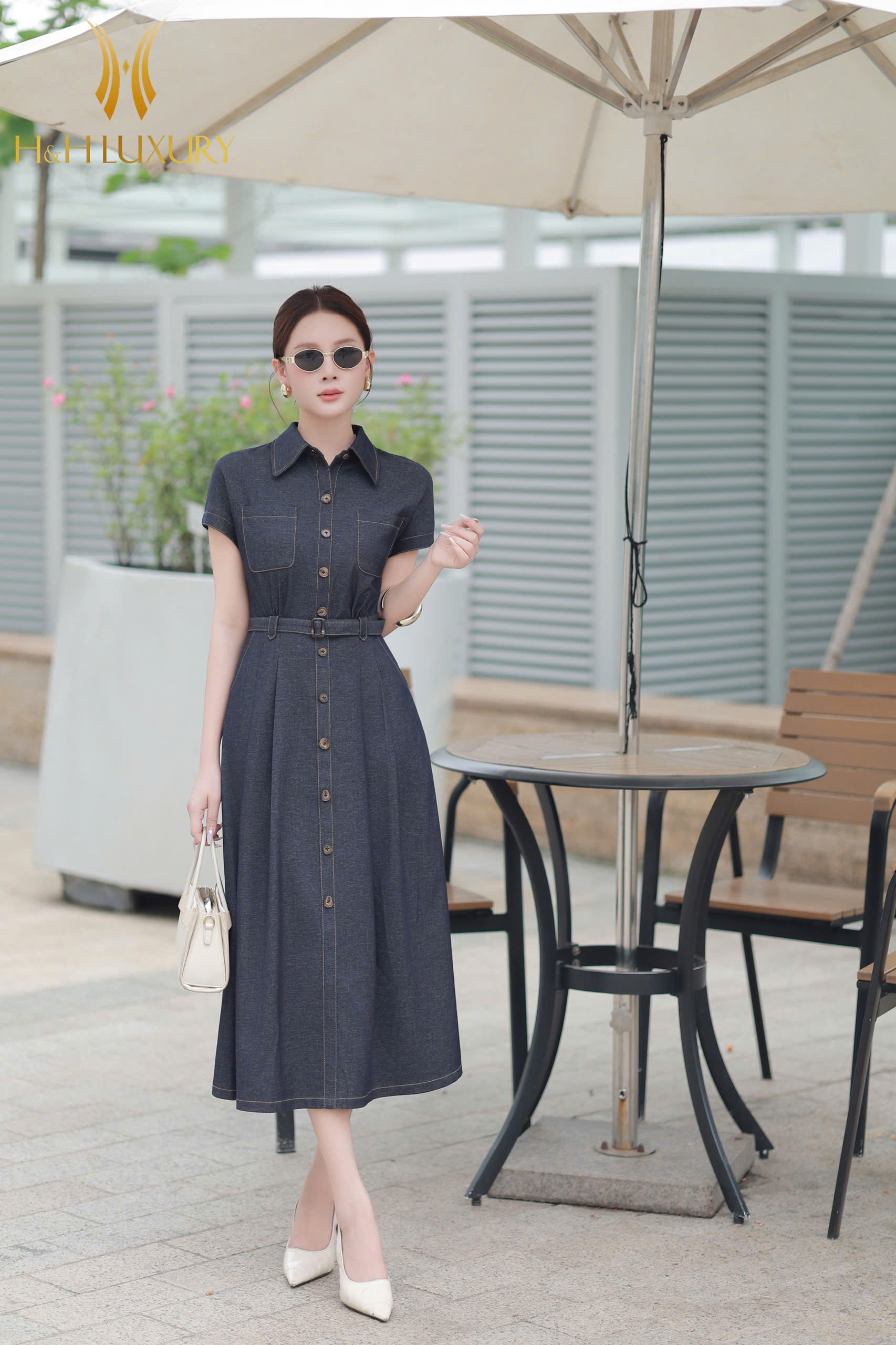 ĐẦM XÒE JEAN XANH ĐẬM ĐAI EO
