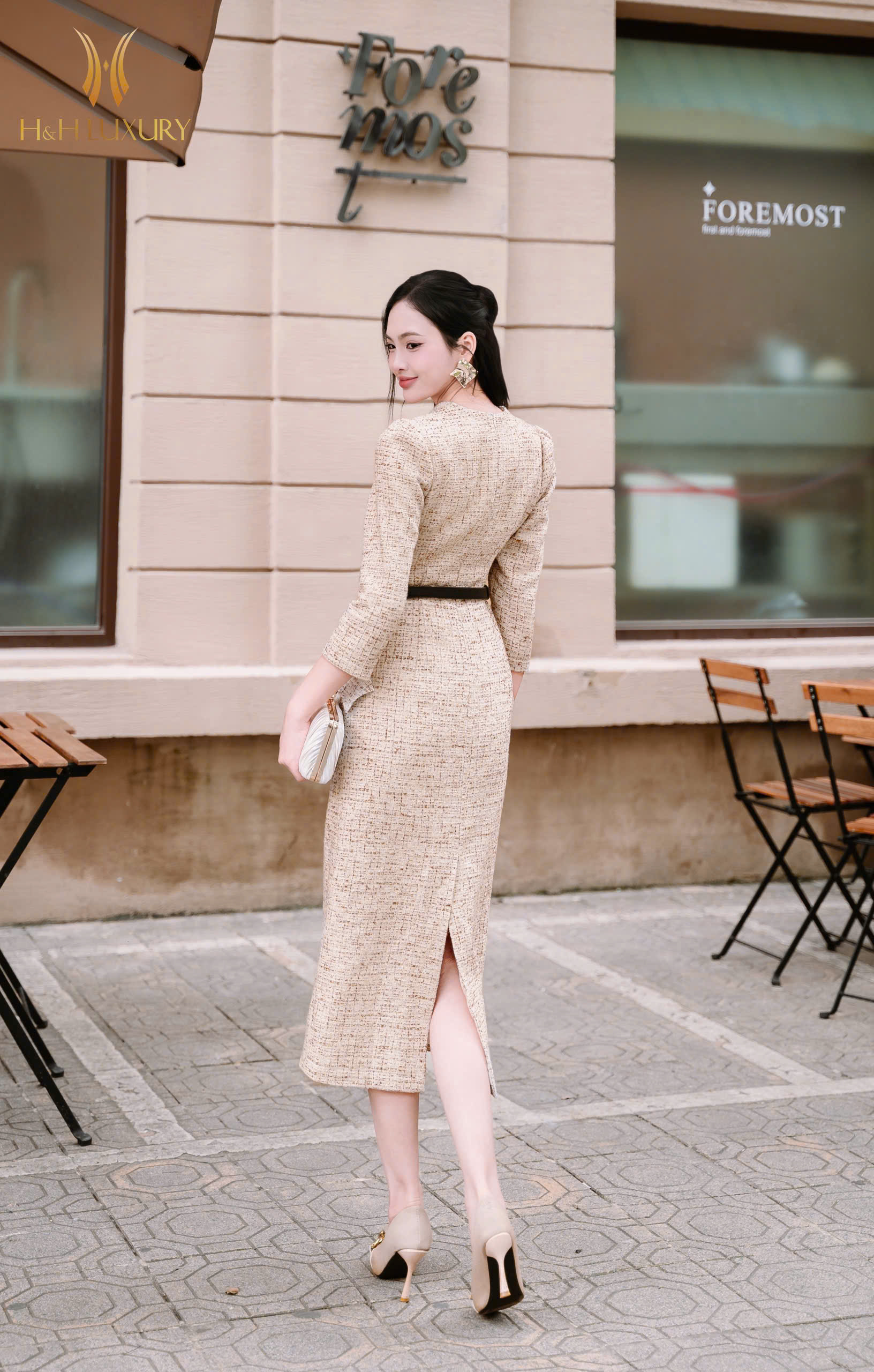 ĐẦM BÚT CHÌ XUÔNG TWEED NÂU TÂY