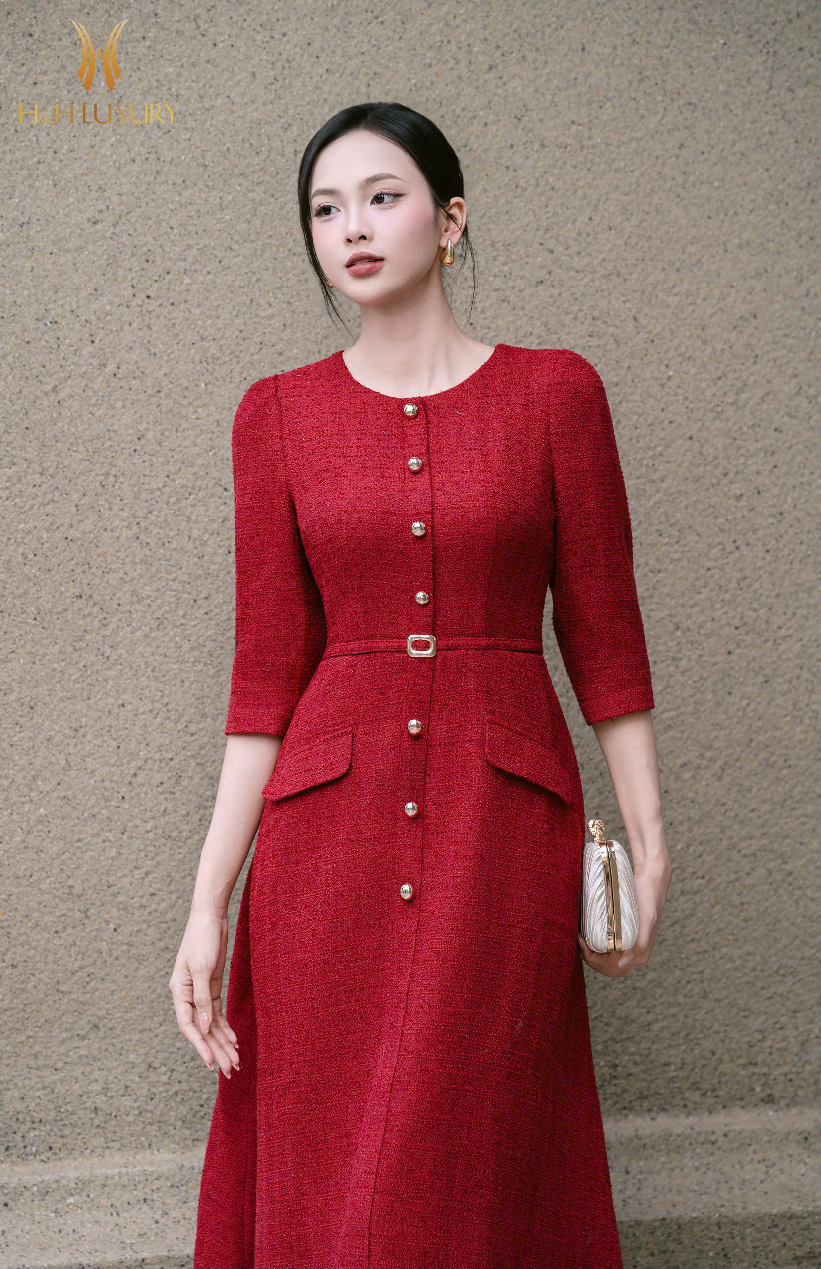 ĐẦM DẠ TWEED ĐỎ ĐÍNH CÚC