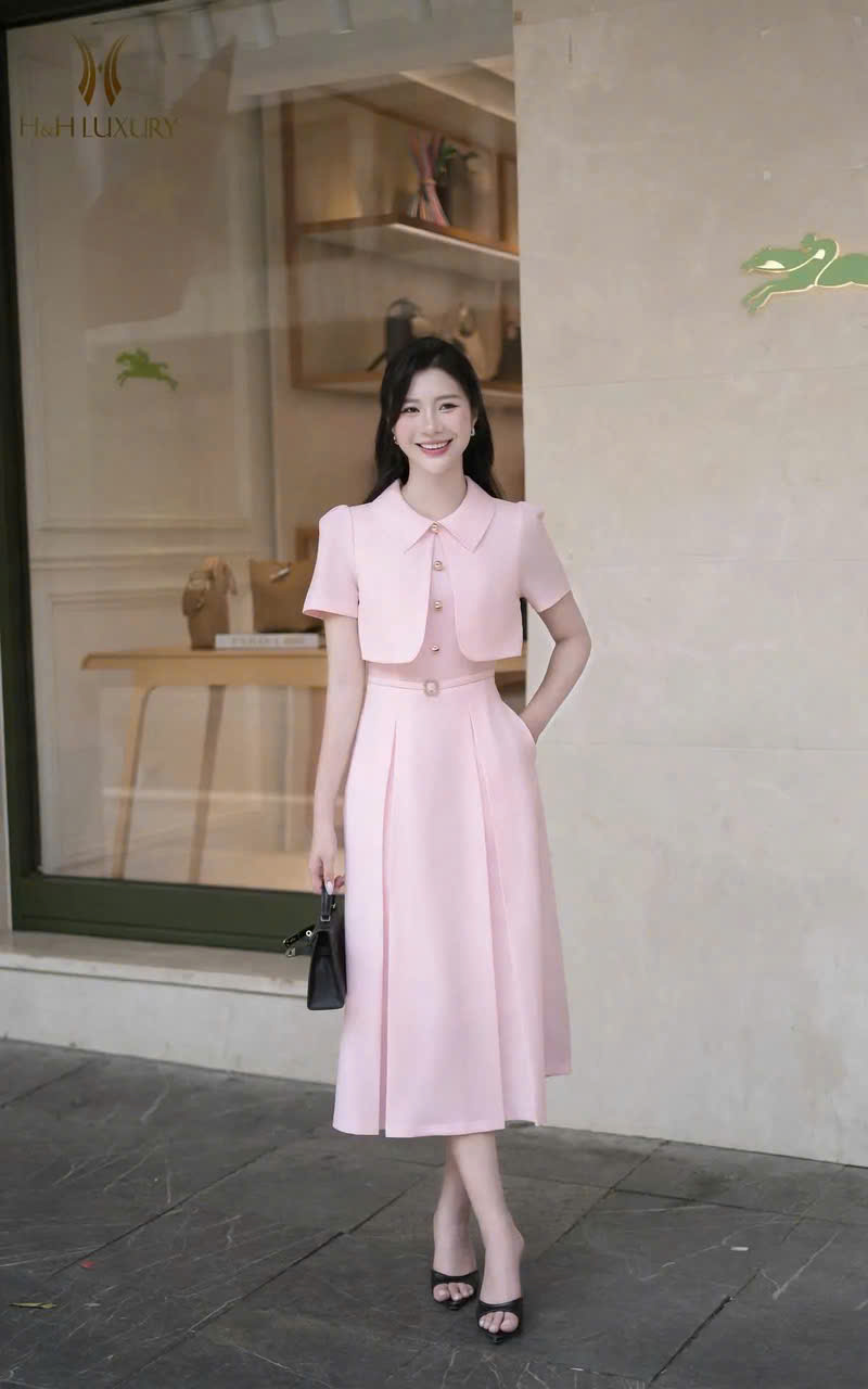 ĐẦM TÀ NGỰC HỒNG PASTEL ĐAI EO