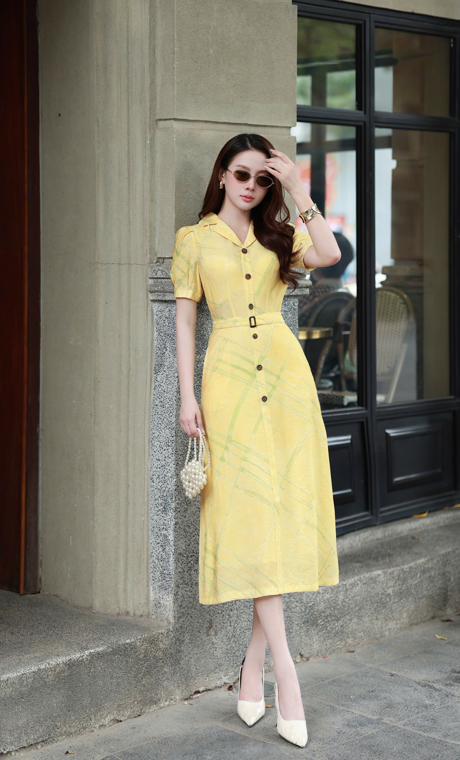 ĐẦM LINEN CỔ VEST VÀNG BƠ ĐAI EO