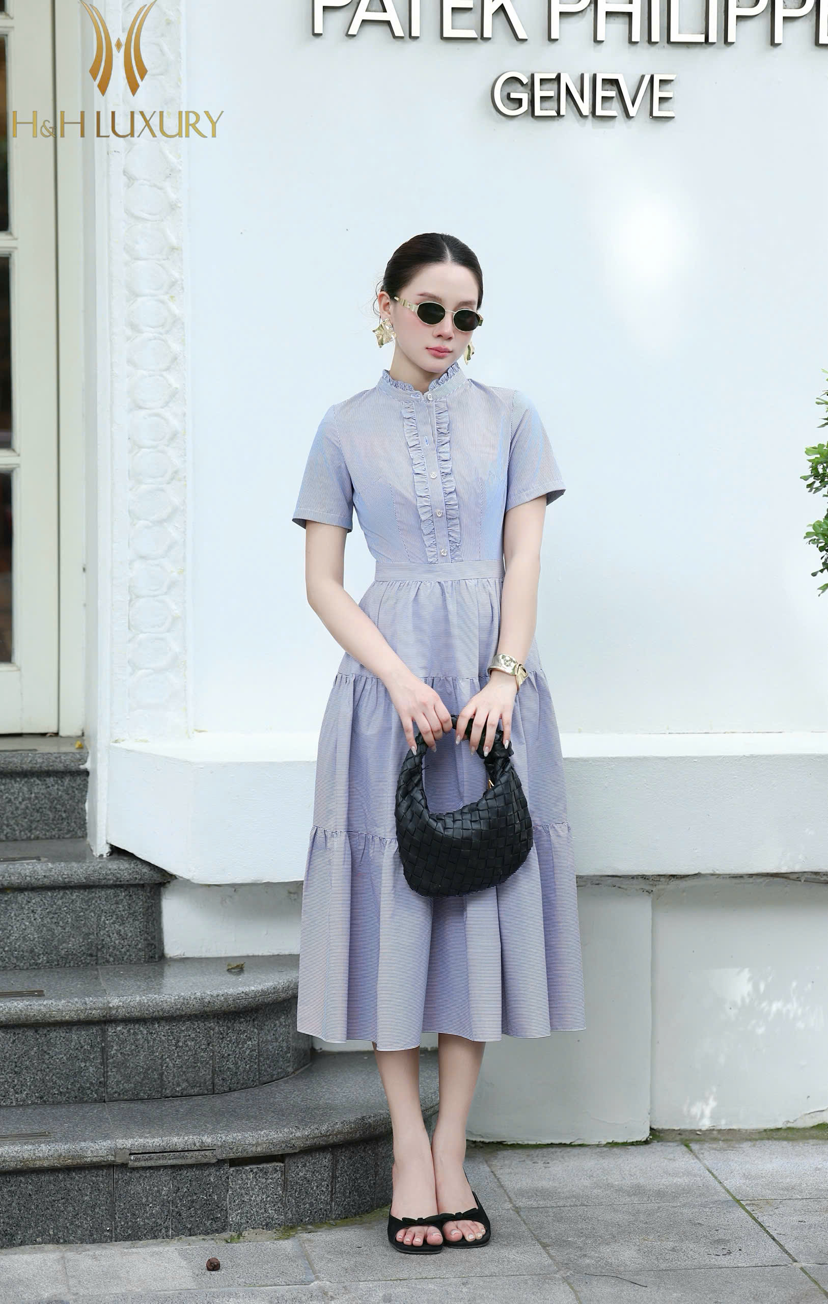 ĐẦM KẺ XANH NAVY XẾP LY CỔ