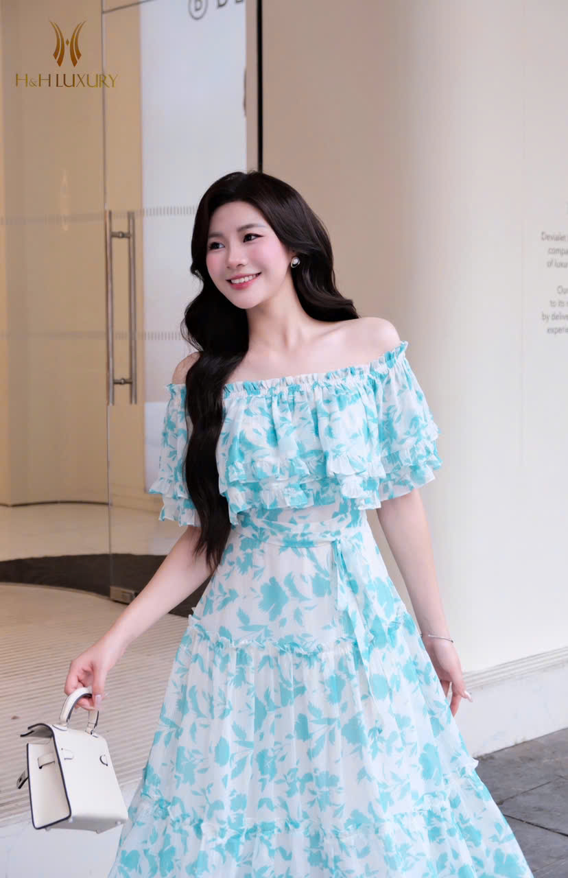 ĐẦM TƠ HOA XANH PASTEL BÈO NGỰC CHUN VAI