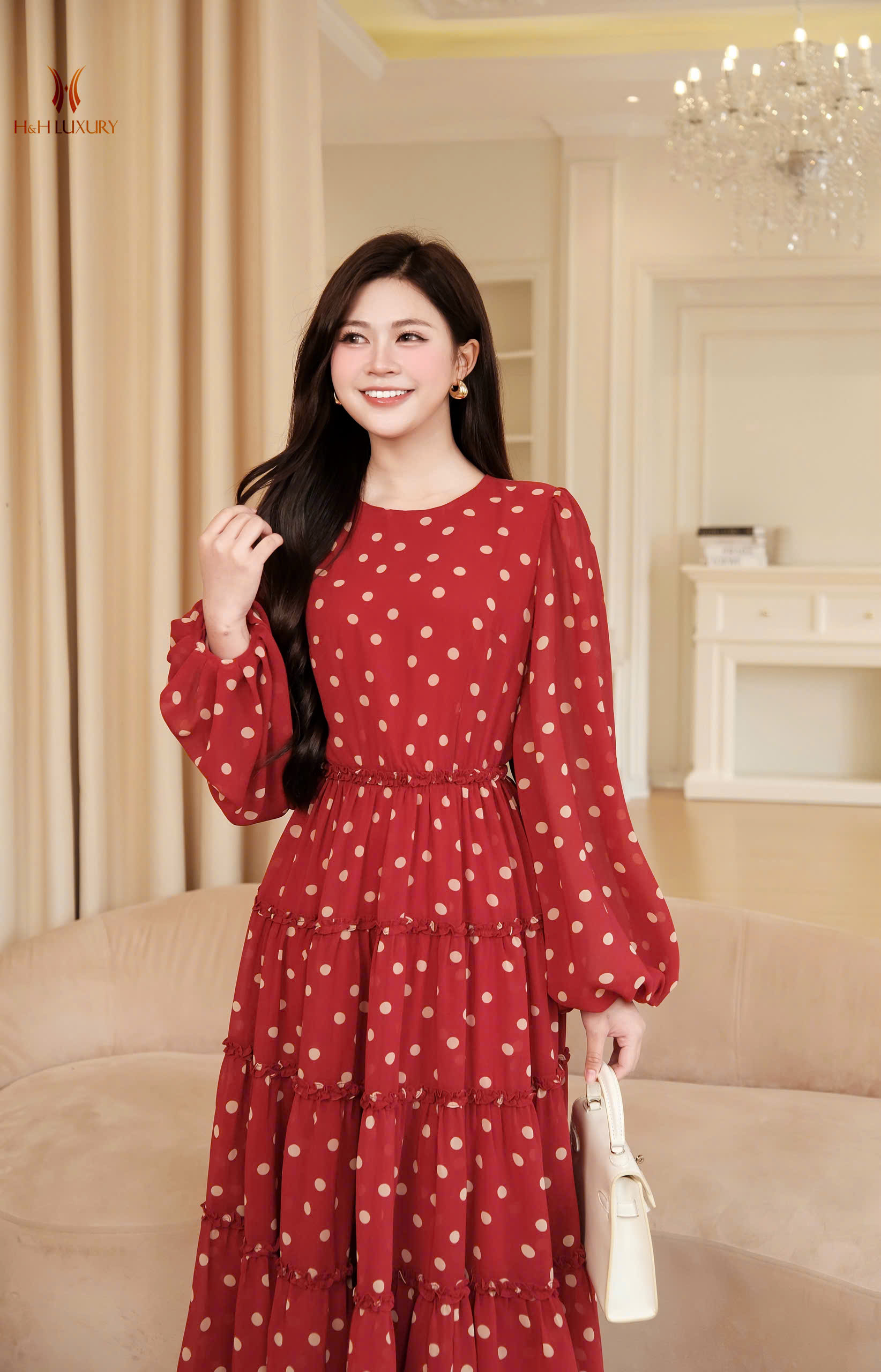 ĐẦM VOAN HÀN CHẤM BI ĐỎ ĐÔ