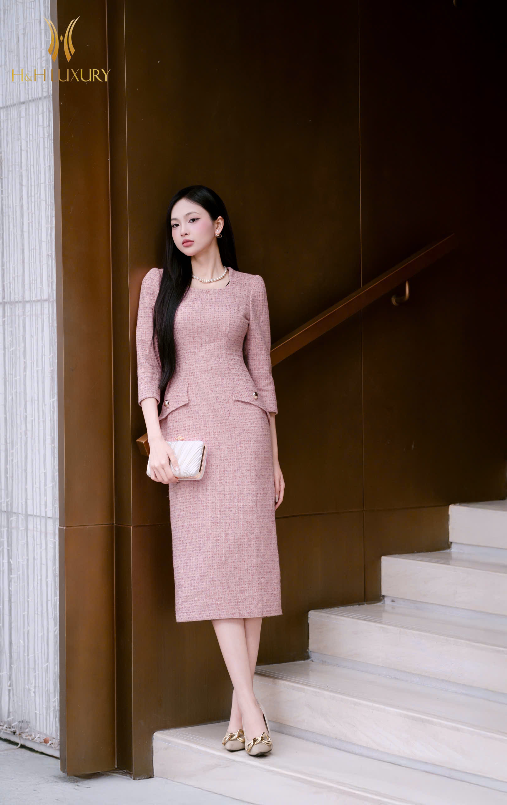 ĐẦM BÚT CHÌ XUÔNG DẠ TWEED HỒNG