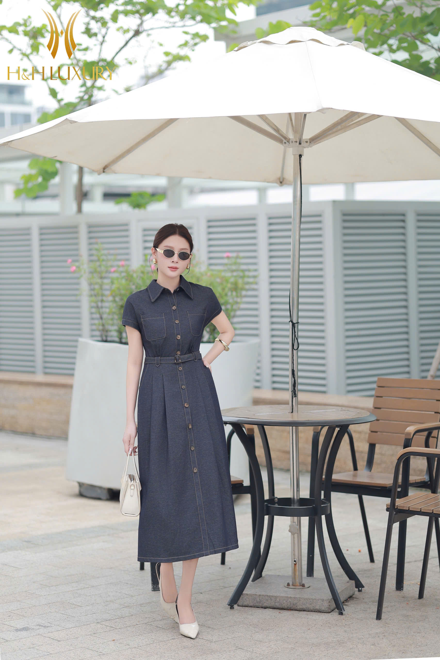 ĐẦM XÒE JEAN XANH ĐẬM ĐAI EO