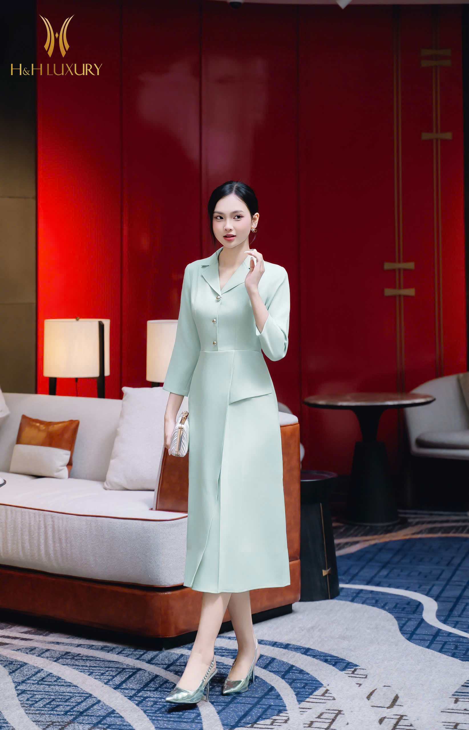 ĐẦM CỔ VÉC XANH MINT TÀ LẬT ĐÍNH CÚC