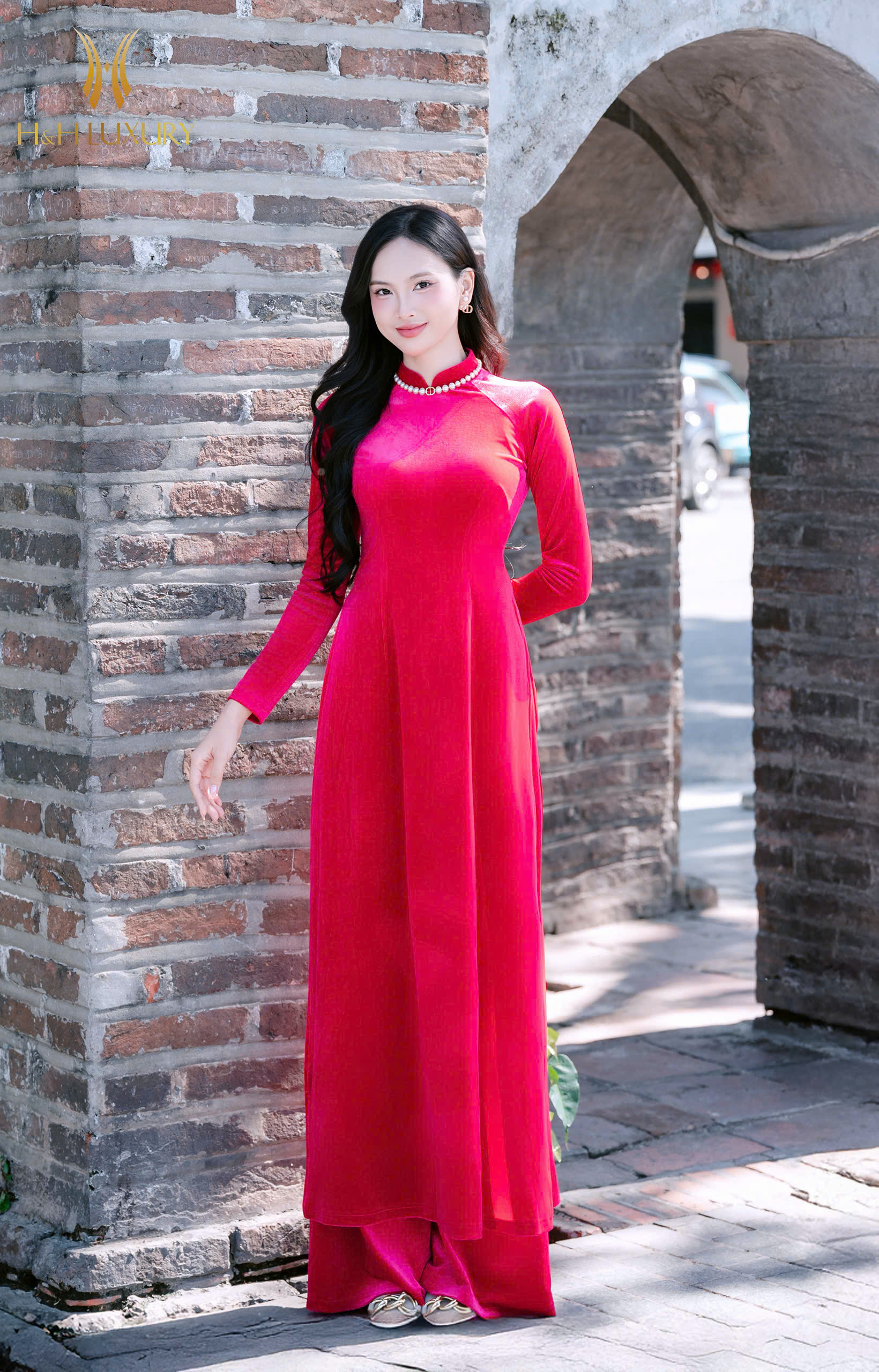 ÁO DÀI NHUNG HỒNG SEN ĐẬM