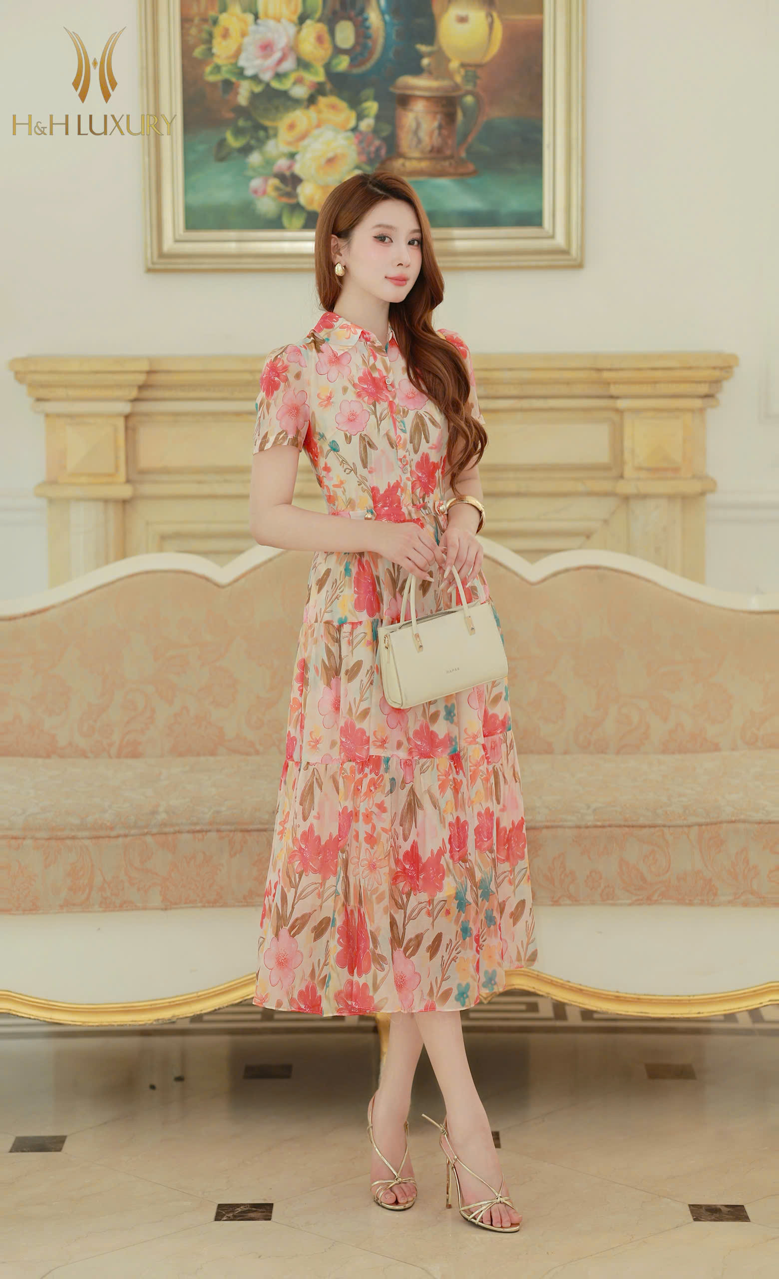 ĐẦM CỔ ĐỨC HOA ĐỎ HỒNG CÚC EO