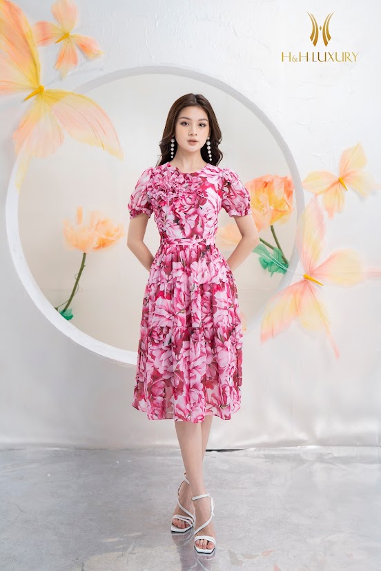 Đầm gấm xòe in 3D họa tiết hoa hồng | Shopee Việt Nam
