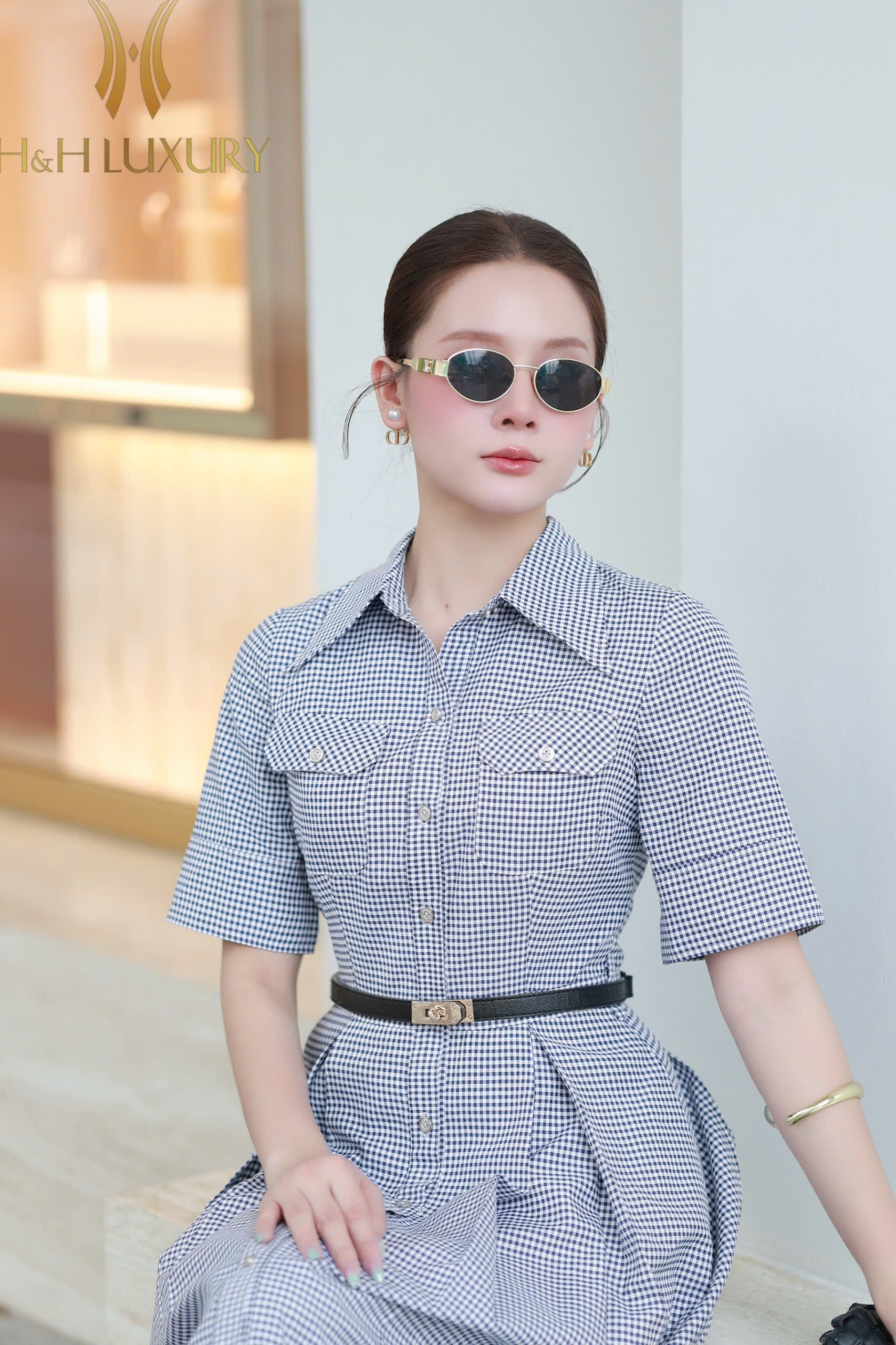 ĐẦM KẺ CARO XANH NAVY TÚI NGỰC