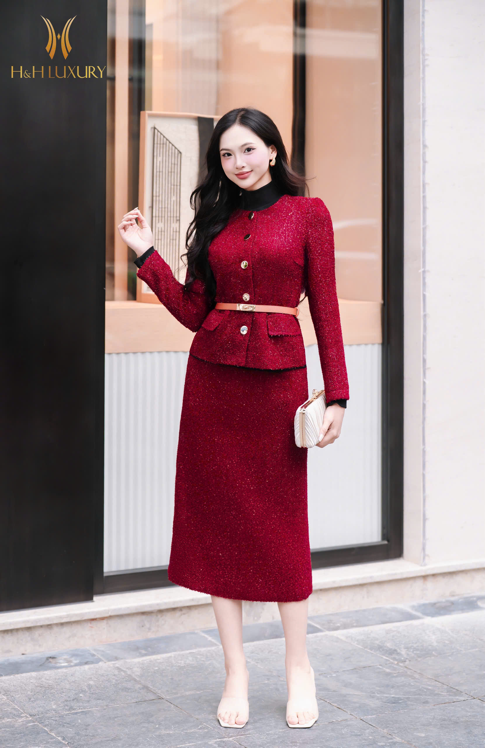 CHÂN VÁY BÚT CHÌ DẠ LÔNG ĐỎ 2 TÚI