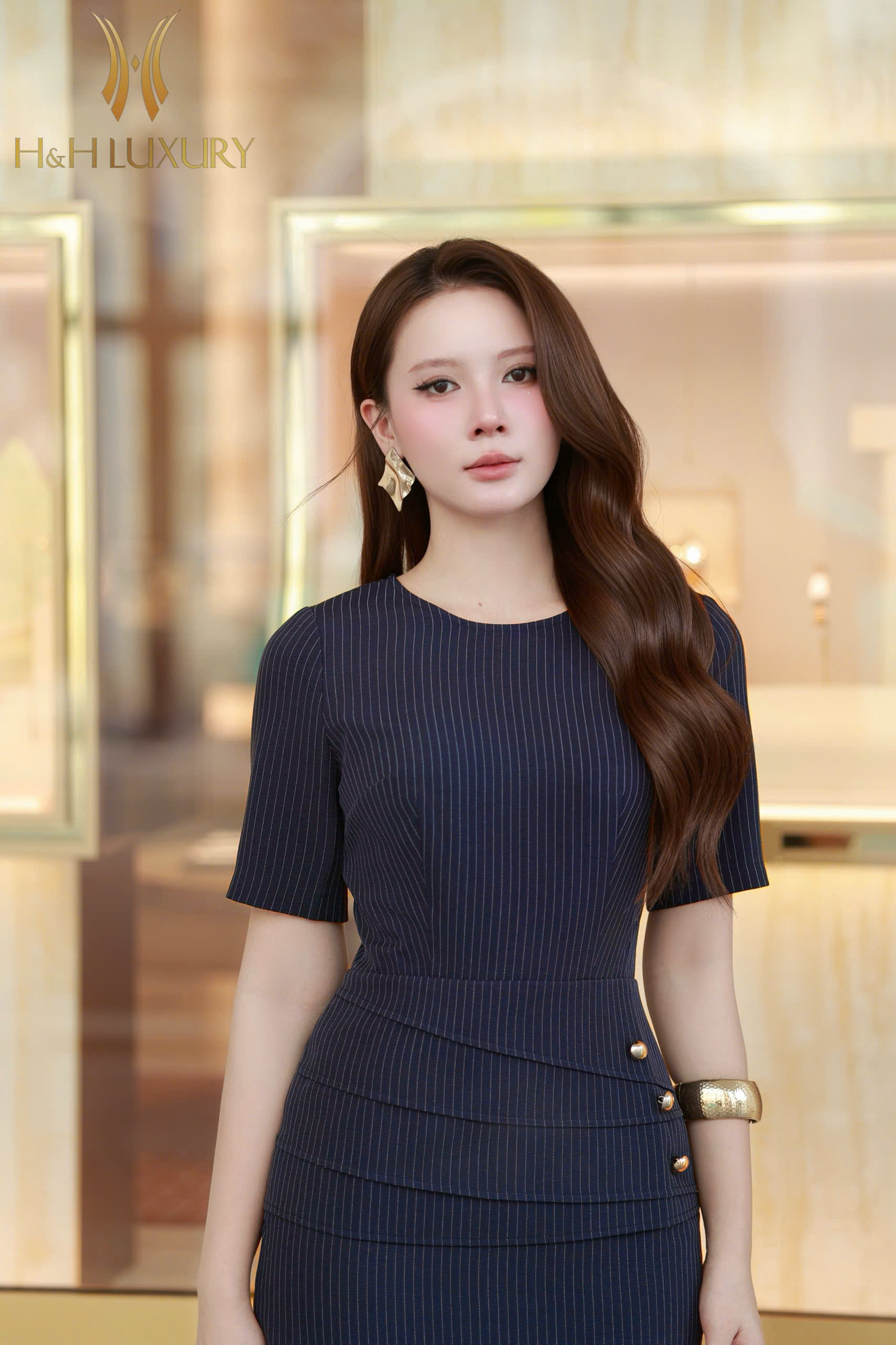 ĐẦM BÚT CHÌ SUÔNG KẺ XANH NAVY ĐÍNH CÚC