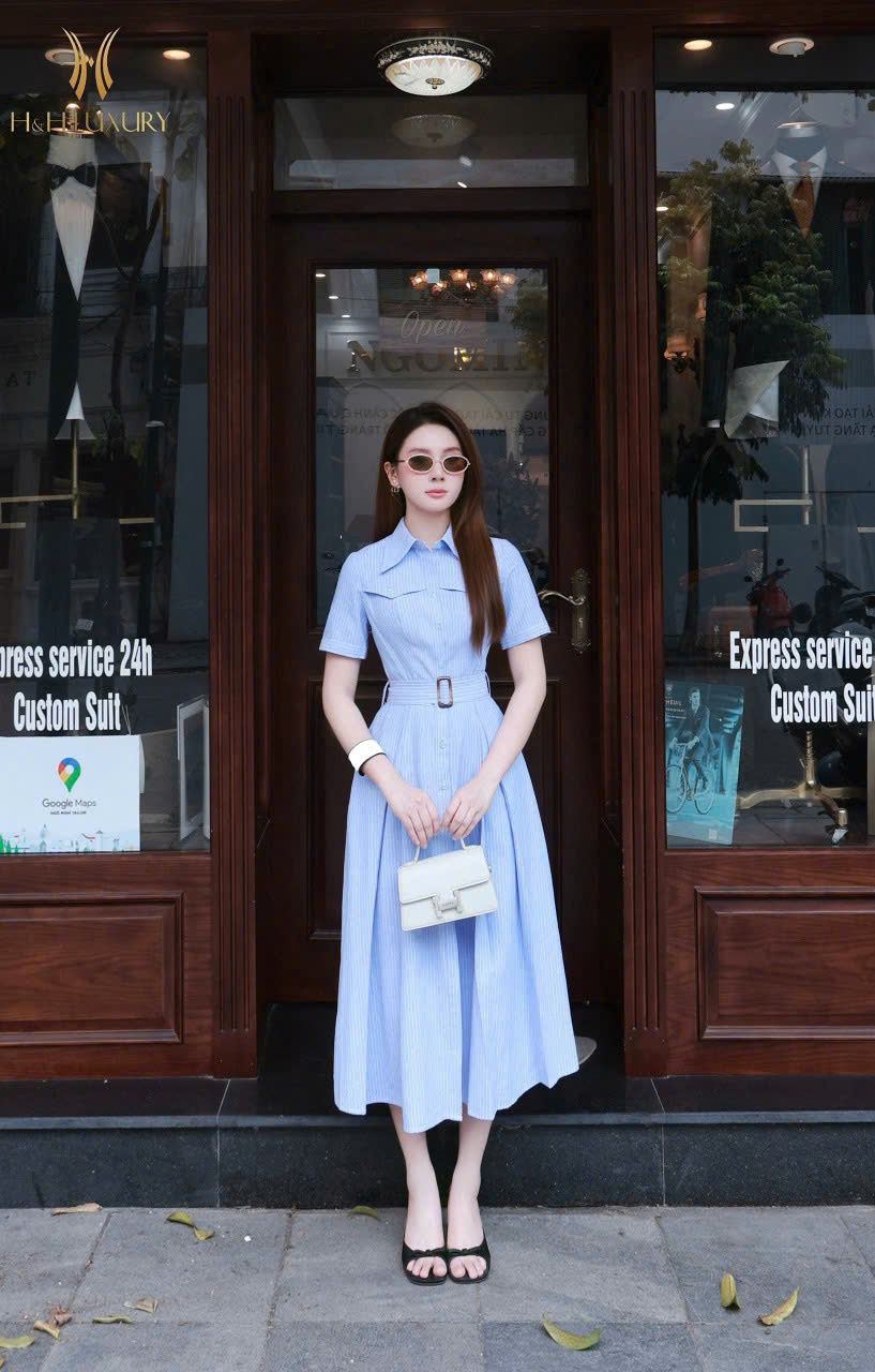 ĐẦM KẺ XANH MINT CỔ ĐỨC