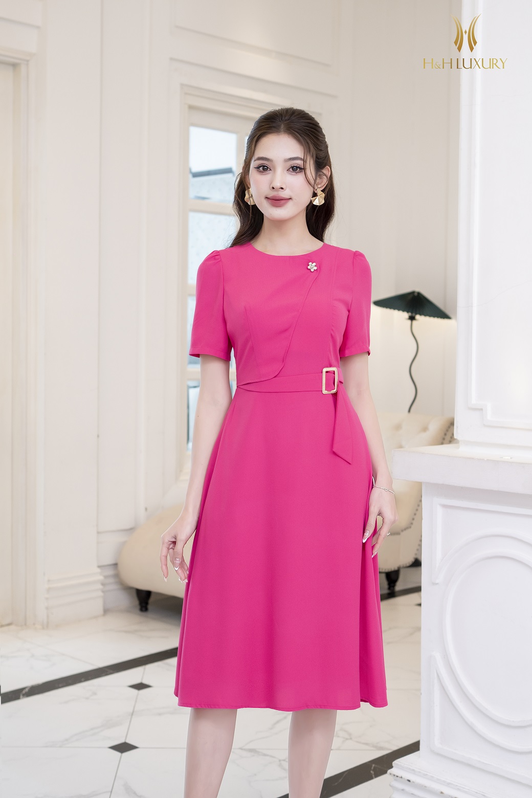 ĐẦM XÒE HỒNG SEN ĐAI EO