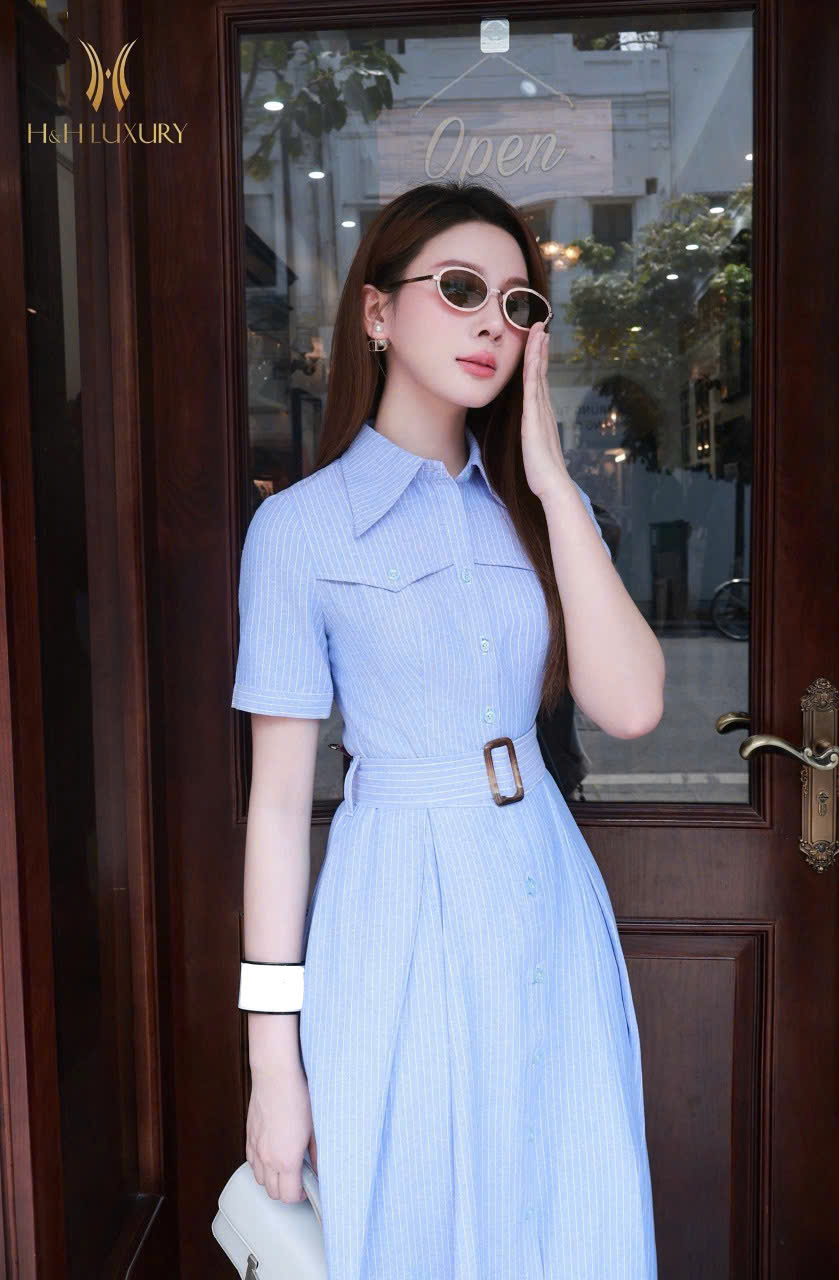 ĐẦM KẺ XANH MINT CỔ ĐỨC