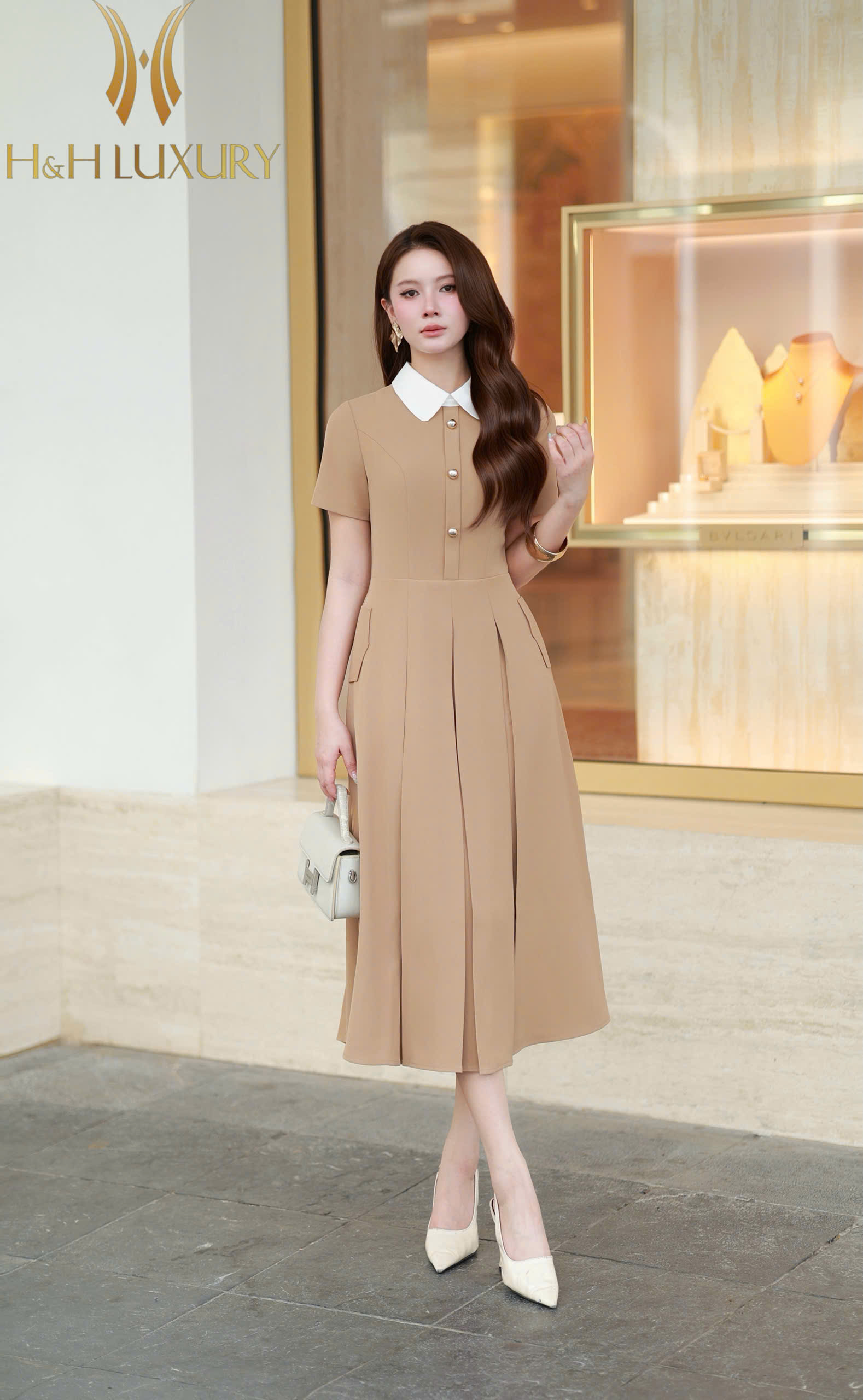 ĐẦM XÒE NÂU TÂY PHỐI CỔ ĐÍNH CÚC